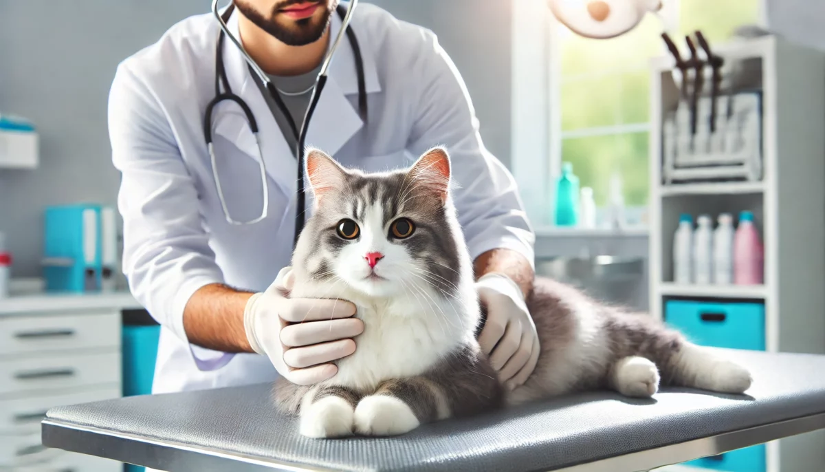 DALL·E 2024 11 18 21.27.44 A cat at the veterinarians office lying down on an examination table with a caring veterinarian gently examining the cat. The cat appears calm med e1731961806640